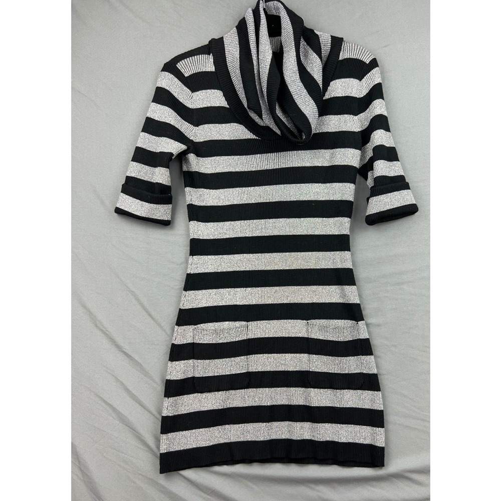 INC International Concepts Tunic Dress Womens L Cowl Neck Silver Black Stripe